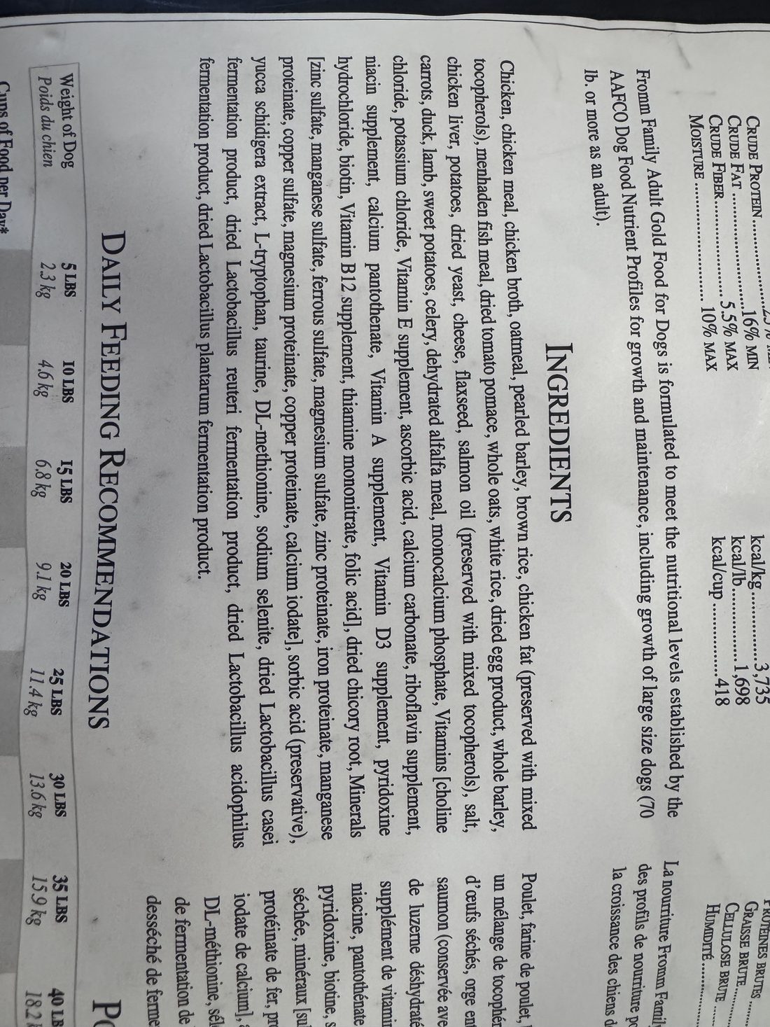 Close-up of the Fromm dog food ingredient panel