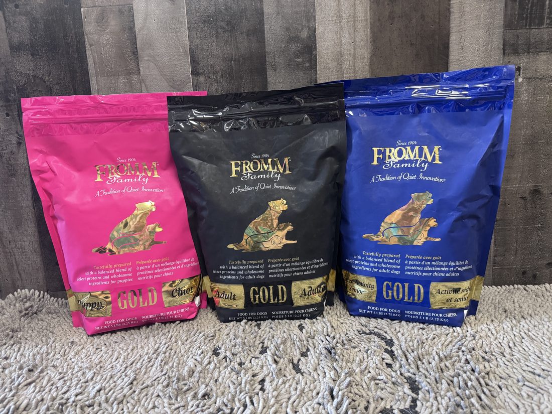 Fromm puppy, adult, and senior life-stage lineup on the shelf