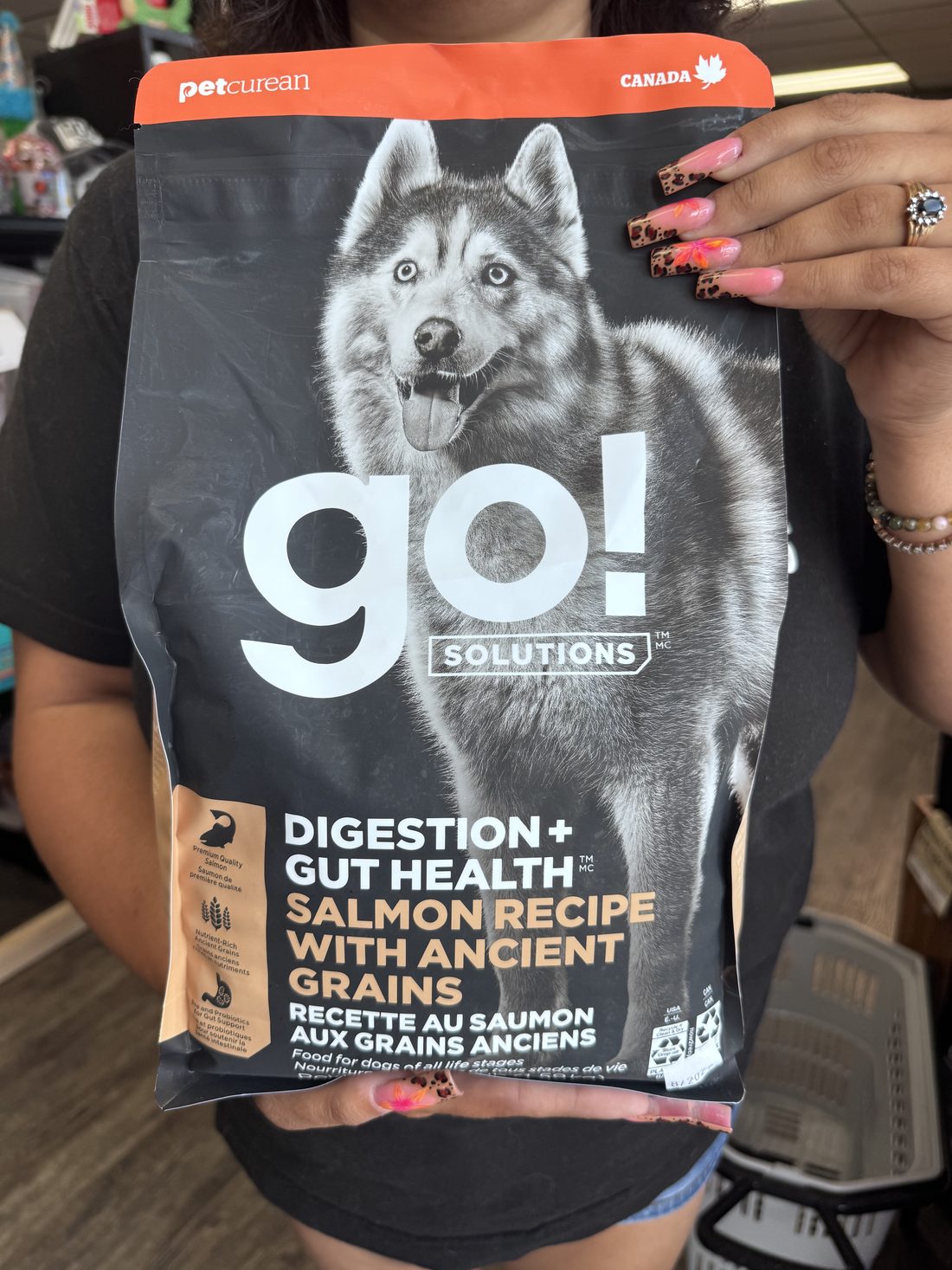 Close-up of a GO! Solutions pet food bag held in hand