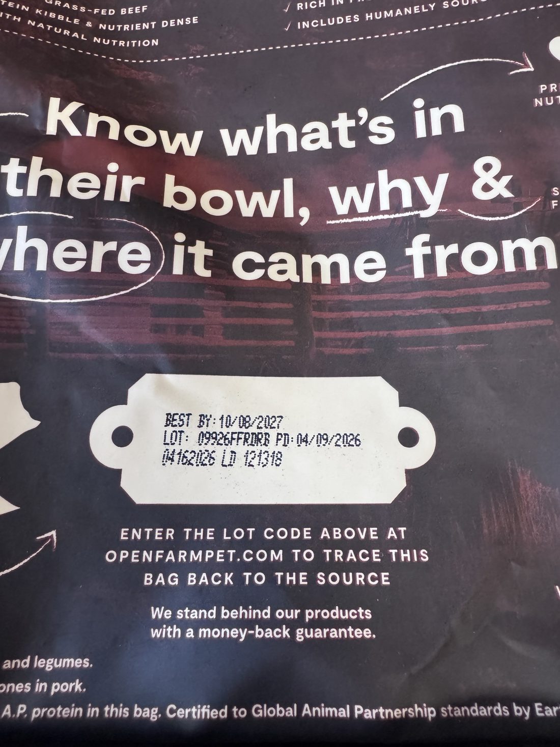 Close-up of the Open Farm traceability lot tag on the bag