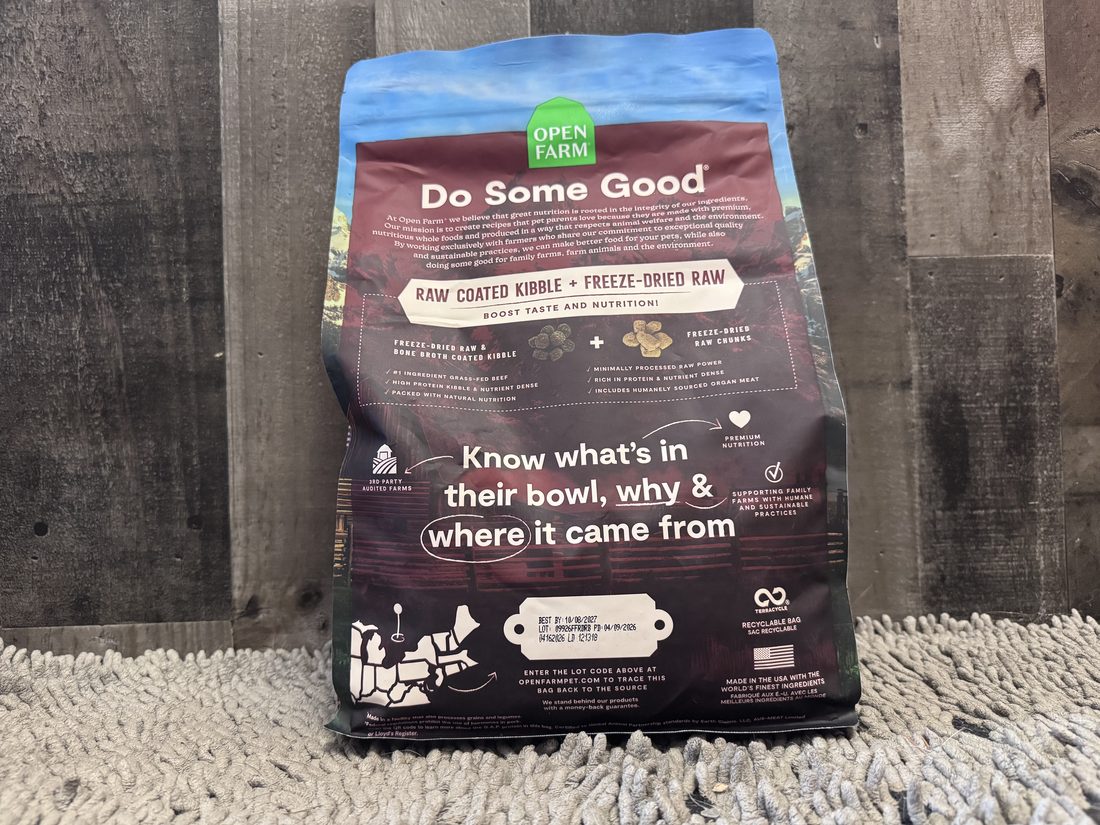 Open Farm pet food bag showing the lot-number traceability tag