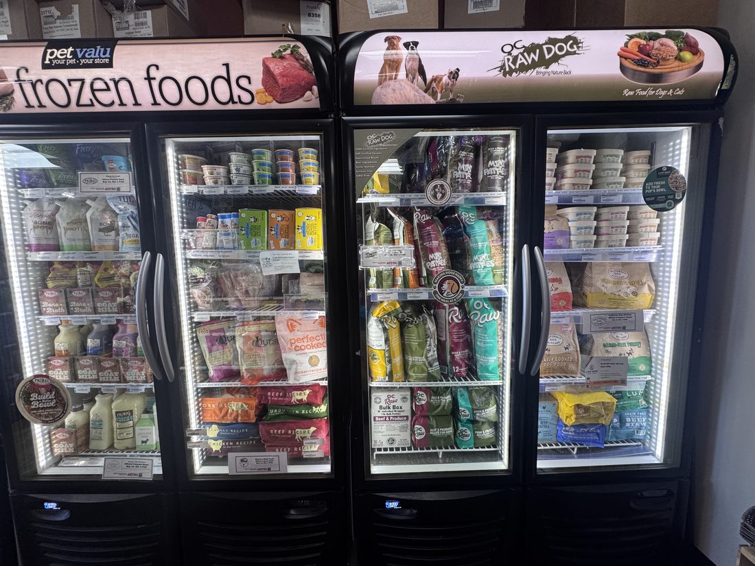 Frozen raw pet food shelf section at Earthwise Pet Mantua